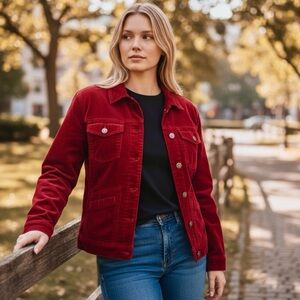 Kikit Jeans Red Corduroy Jacket Size M Button Front Adjustable Back Belt Style
